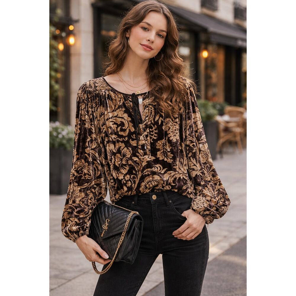 Anthropologie Faustine Velvet Floral Peasant Blouse L Boho Smocked Top